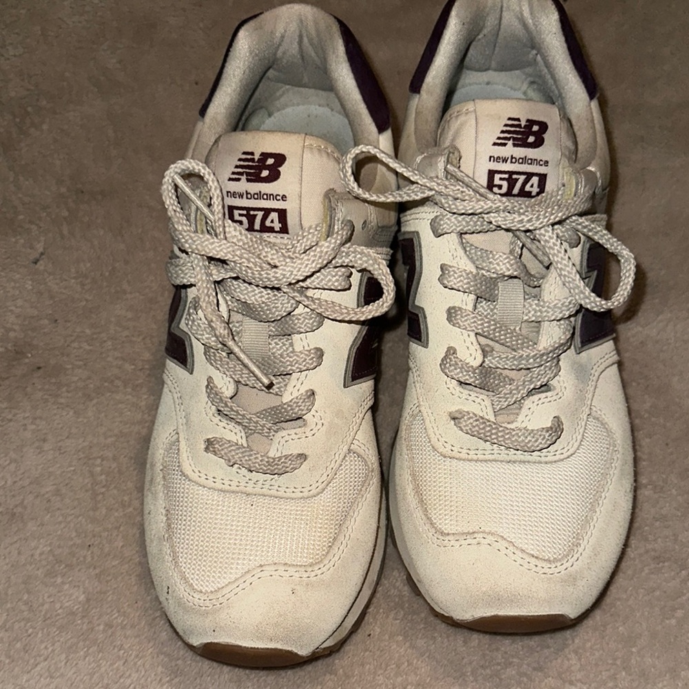 New Balance 574 Cream and Purple Sneakers